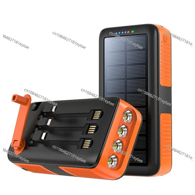 RadiantGrid Survivor 20000mAh solar power bank with hand crank, IP66 waterproof, and multi-cable charger.
