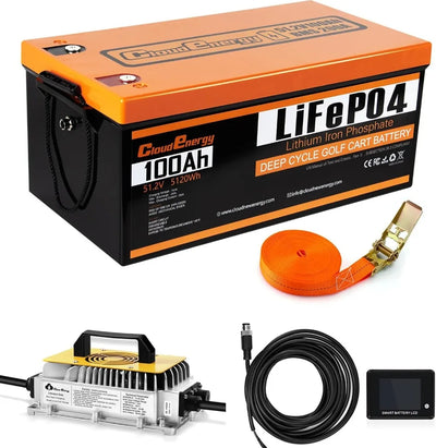 RadiantGrid Pro Series LiFePO4 battery with 100Ah capacity, solar storage system, and accessories.